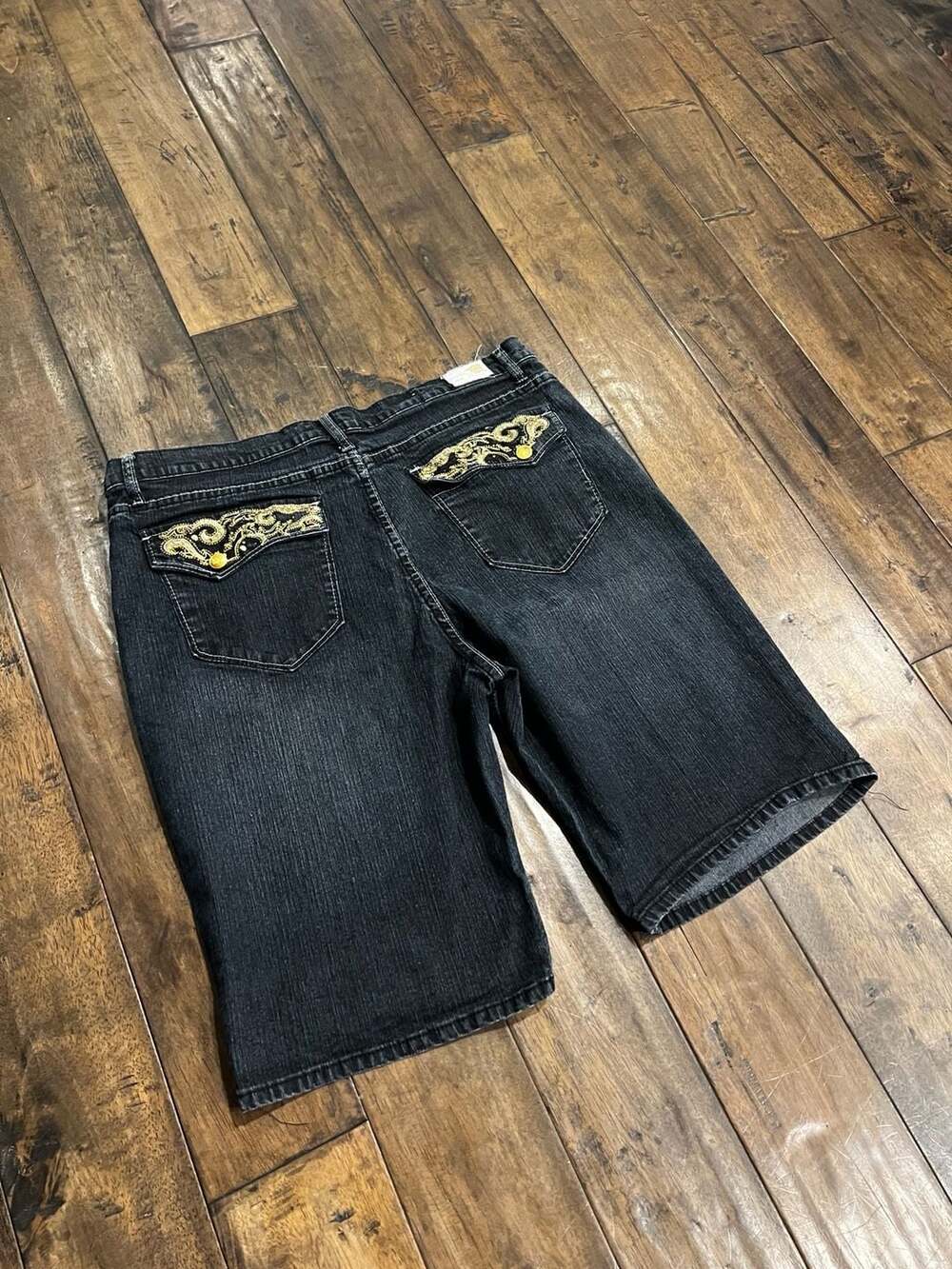 Old Skool Fine Quality Clothing Black Denim Embroidered Flap Pocket Shorts